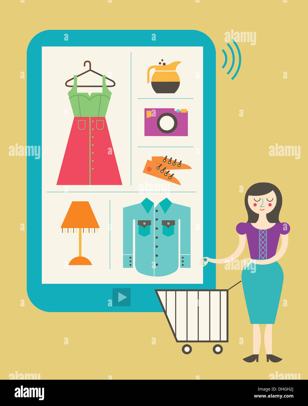 Illustrative image of woman with shopping cart standing by digital tablet representing online shopping Stock Photo