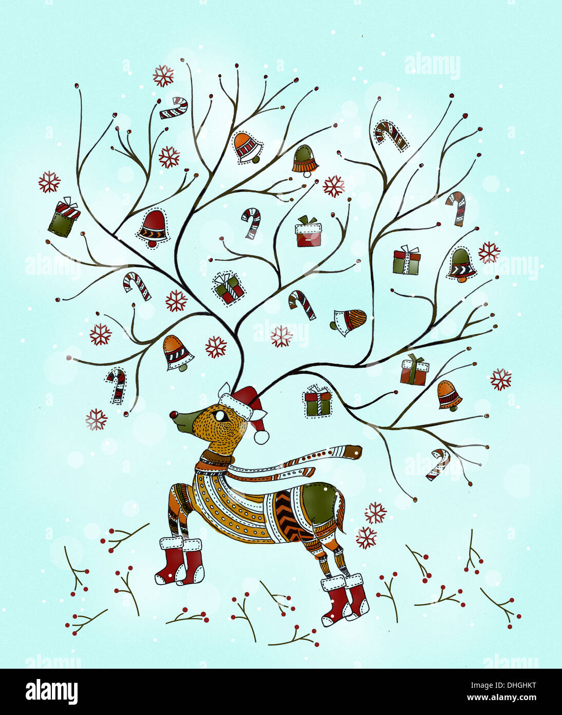 Illustration of reindeer with antlers against over colored background