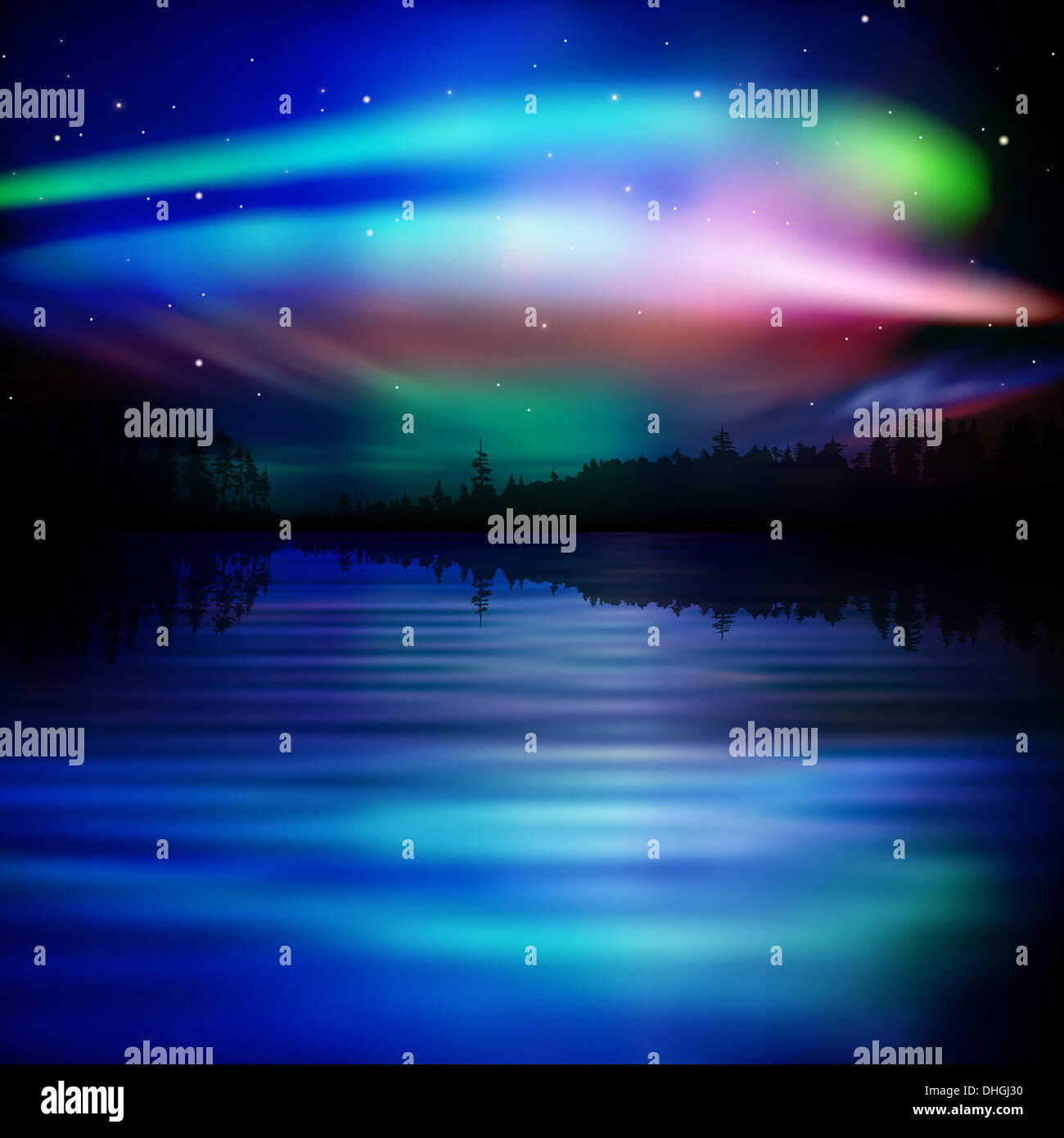 abstract nature background with forest lake and aurora borealis Stock ...