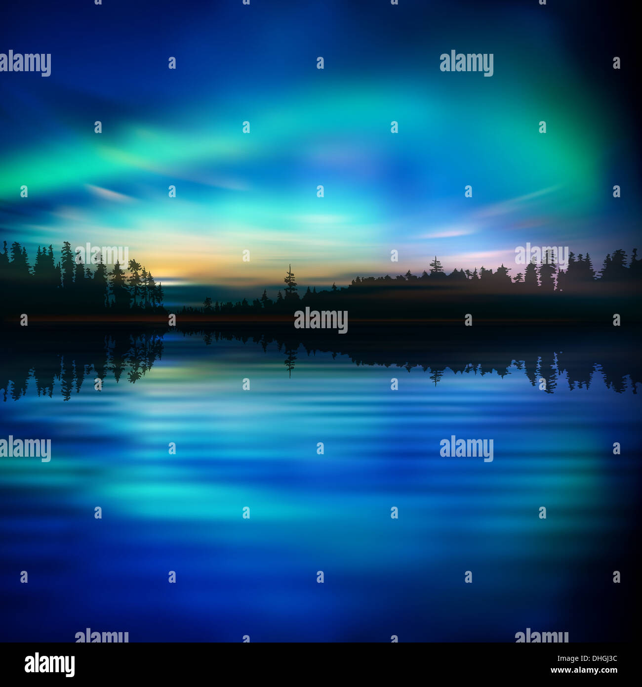 abstract nature background with lake forest and aurora borealis Stock ...