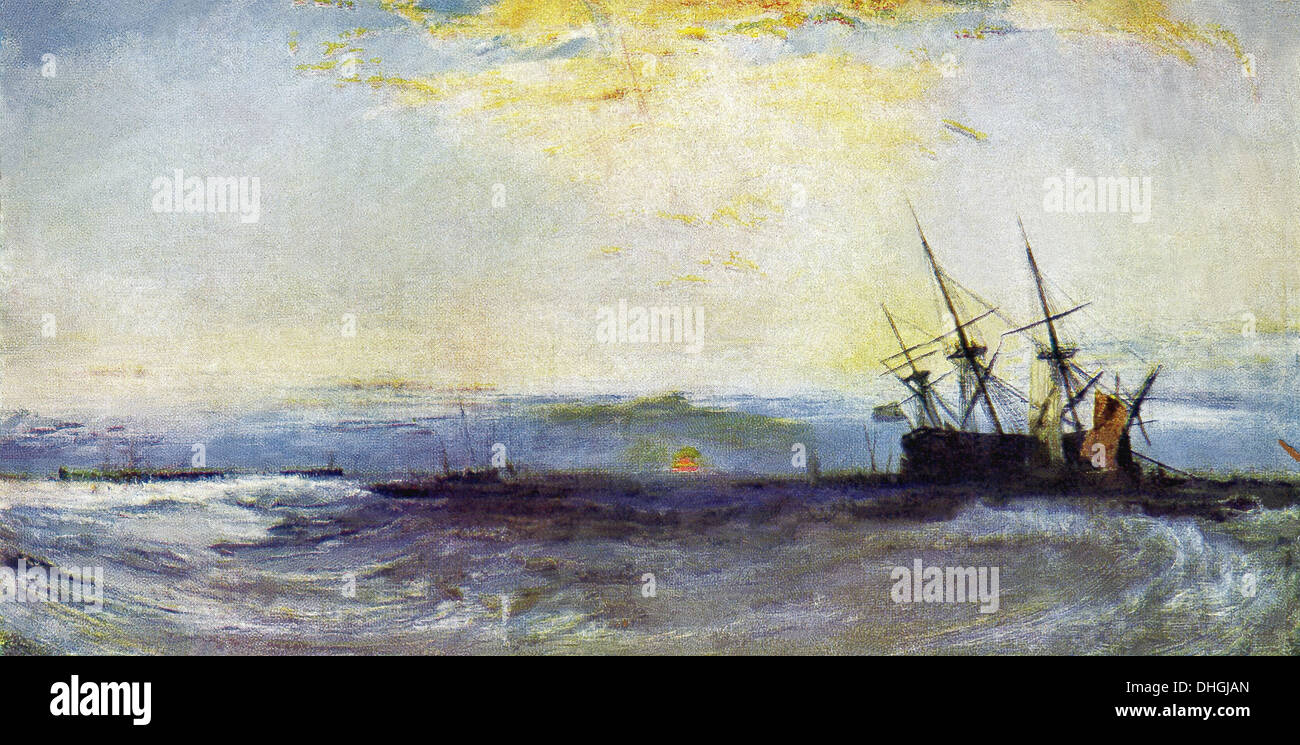 This beautiful sea piece, titled A Ship Aground, is essentially Turner—the result of personal observation. Stock Photo