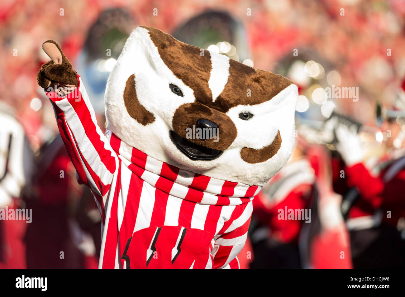 Madison, Wisconsin, USA. 9th Nov, 2013. November 9, 2013: Bucky Badger runs onto the field prior to the start of the NCAA Football game between the BYU Cougars and the Wisconsin Badgers at Camp Randall Stadium in Madison, WI. Wisconsin defeated BYU 27-17. John Fisher/CSM/Alamy Live News Stock Photo