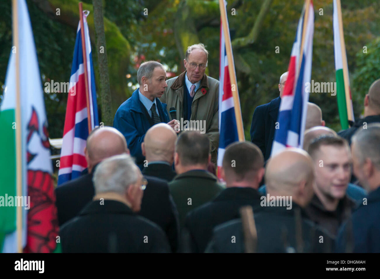 London, UK. 10 November 2013. Leaders of the right wing National Front address the crowd after their march to the Cenotaph following the main Remembrance Day ceremonies, to lay a wreath. Credit:  Paul Davey/Alamy Live News Stock Photo