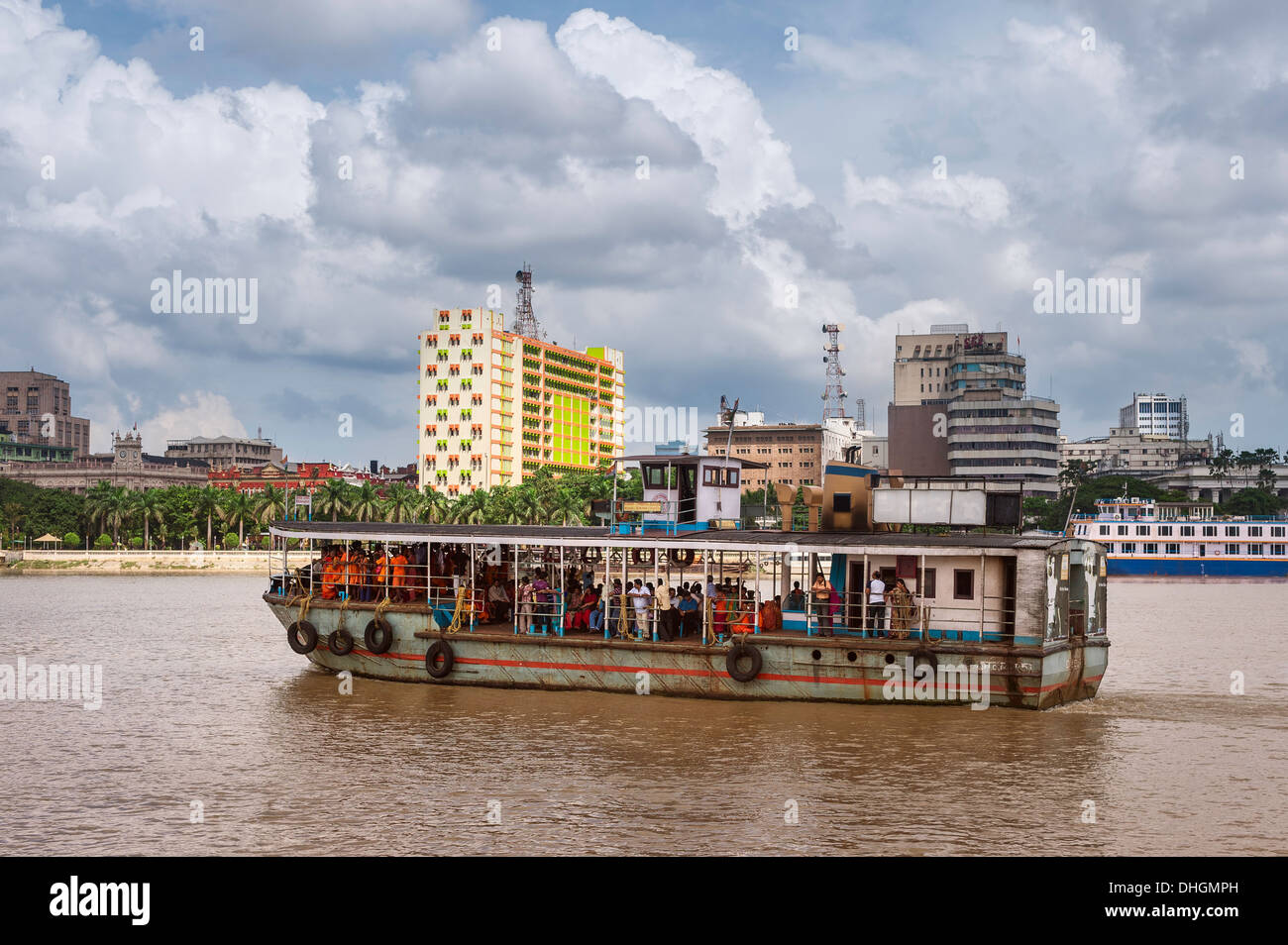 Public ferry crosses the Hoogly river from Howrah station in Kolkata, India. Stock Photo