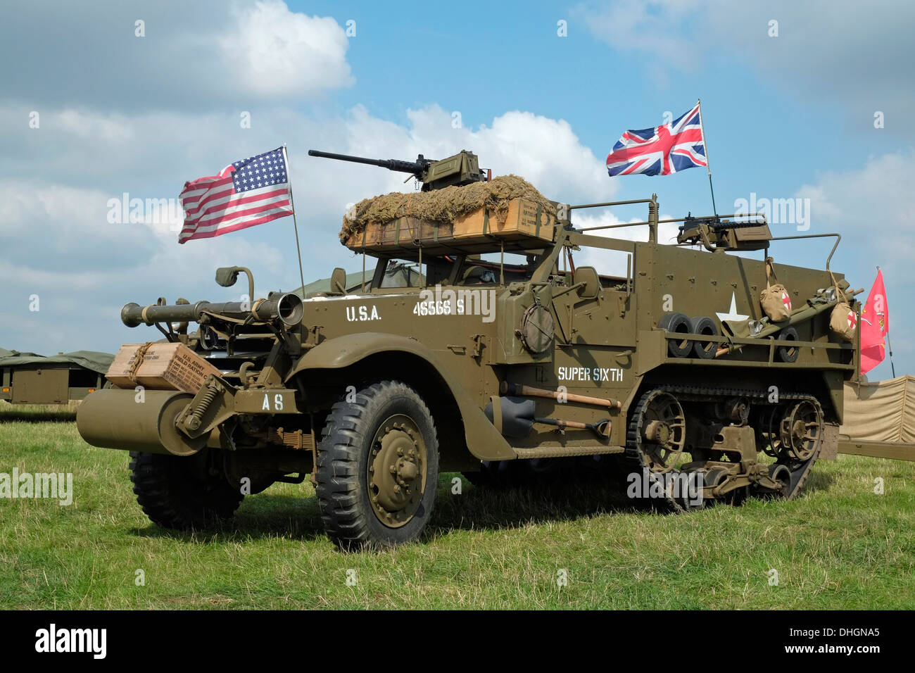 A 1943 M3A1 Halftrack armoured personnel carrier in US Army (6th Armored Division) markings. Lincolnshire, England. Stock Photo