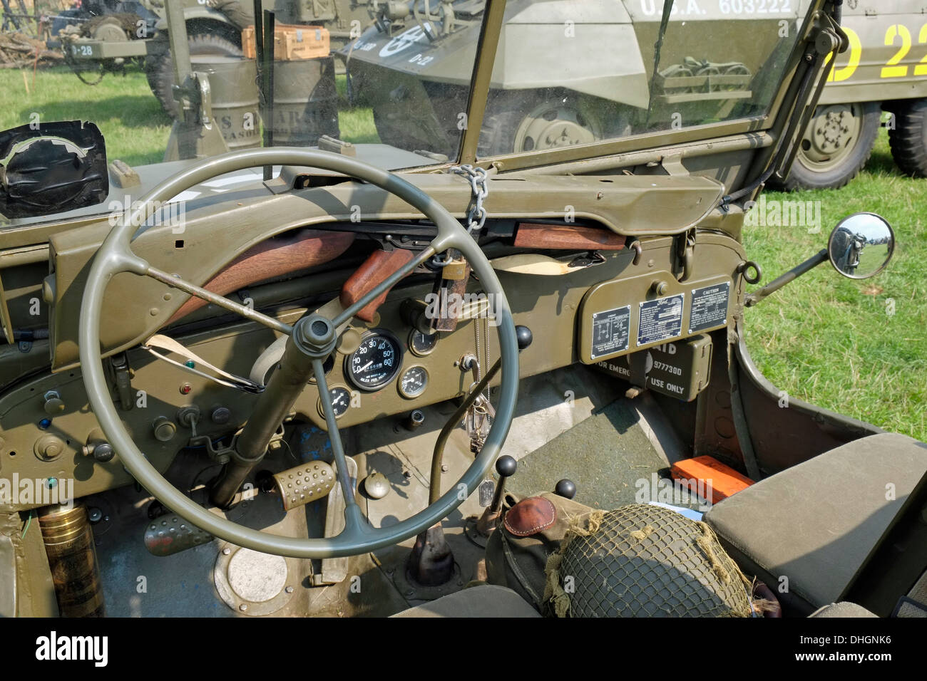 Interior of a 1943 Ford GPW Jeep. Rauceby War Weekend, Lincolnshire, England. Stock Photo