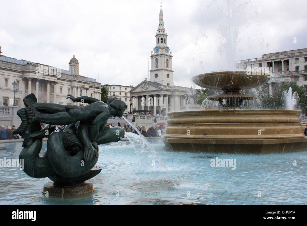 Water fountain in Trafalgar Square, London, England. Stock Photo