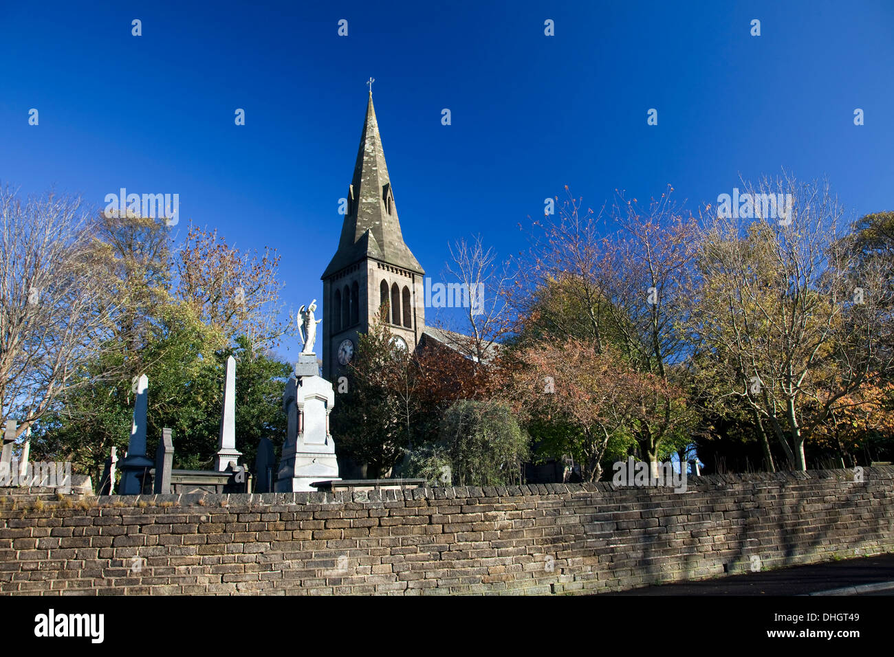St John the Evangelist Church in Golcar near Huddersfield West Yorkshire viewed from a low angle