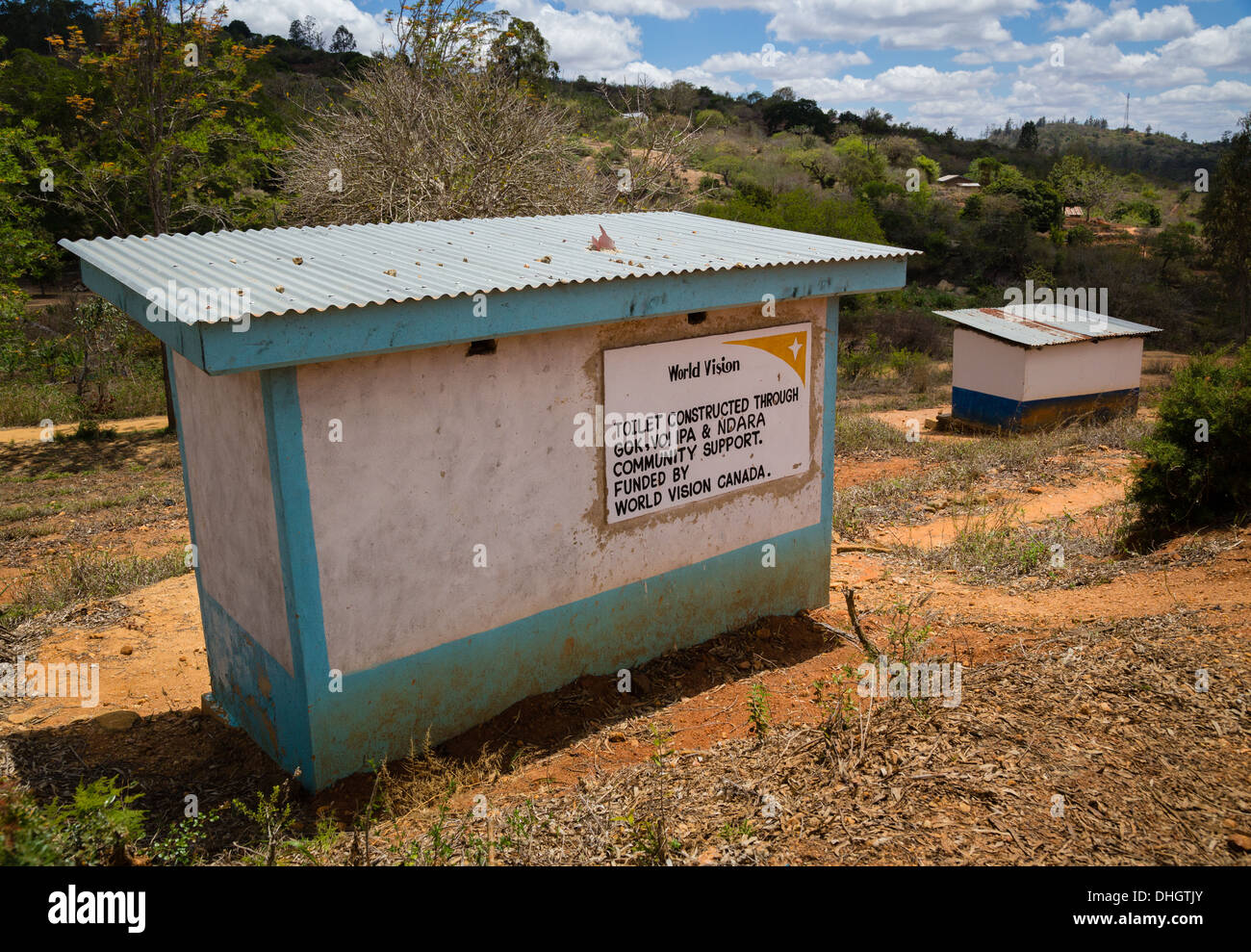 Toilet block sponsored by World Vision in a Kenyan school in the Sagalla Hills near Voi in Southern Kenya Stock Photo