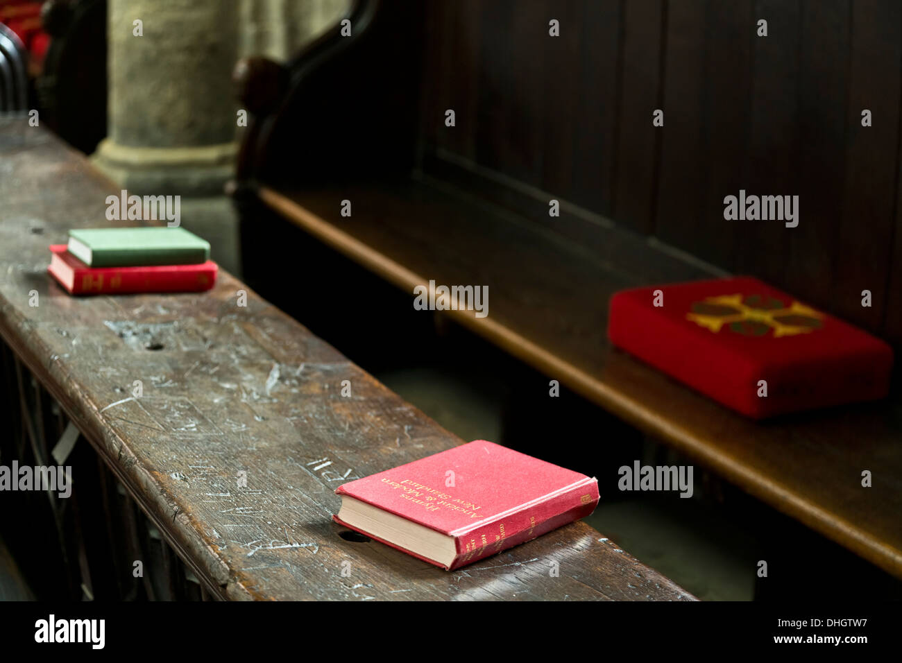 Book of Hymns Ancient & Modern on wooden bench inside King’s Lynn Minster, Norfolk, England Stock Photo