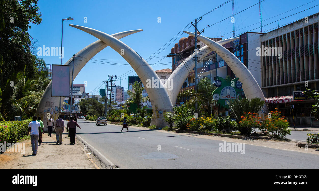 Elephant tusk sculptures in Moi Avenue Mombasa Kenya Stock Photo