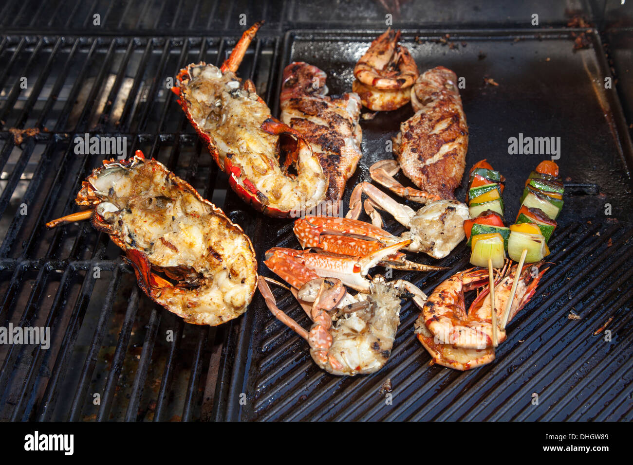 Lobster shrimp seafood grilled charcoal eat tasty cuisine cook cooked