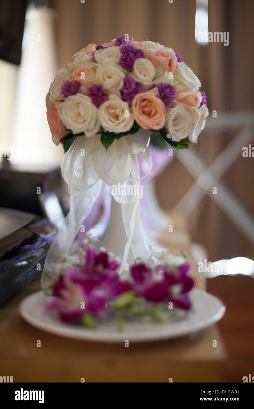 Wedding flower decoration bouquet rose pink red purple bunch depth field shallow focus pretty elegance marriage  beauty couple Stock Photo