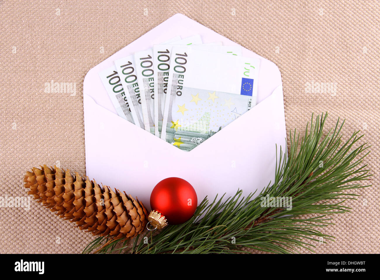 Five hundred euro money in envelope with Christmas deco, close up Stock Photo