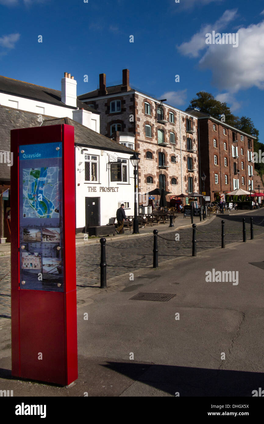 EXETER, DORSET, UK - OCTOBER 10, 2013:  The Quayside showing Information Map and the old Quay buildings in the background Stock Photo