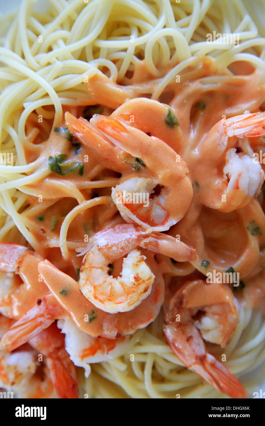 Spaghetti with shrimp and red souse Stock Photo