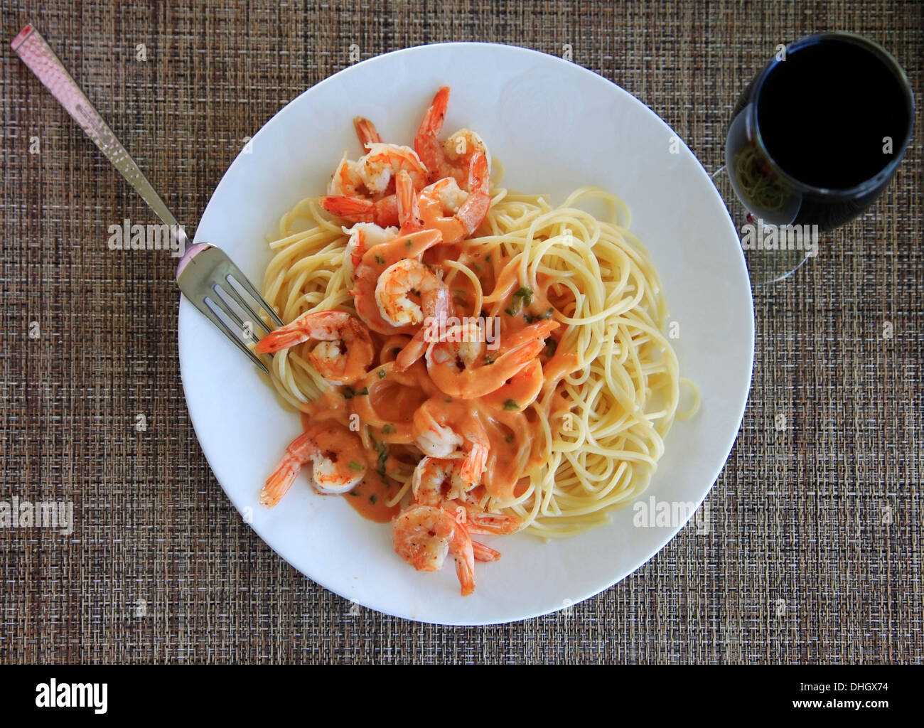 Spaghetti with shrimp and red souse Stock Photo