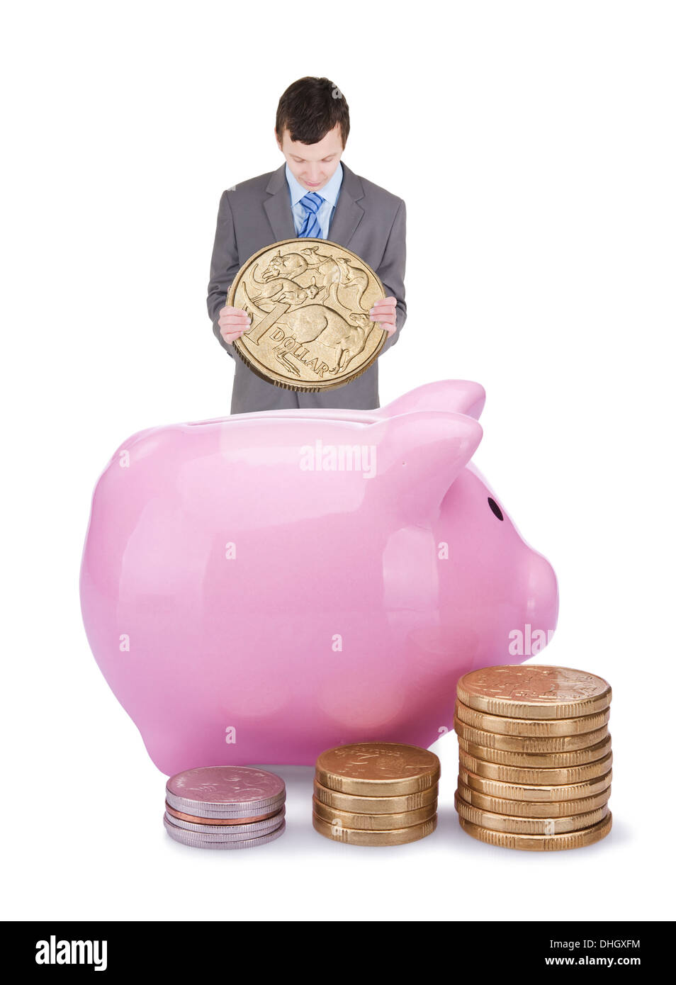 Young businessman with piggy bank isolated on white background Stock ...