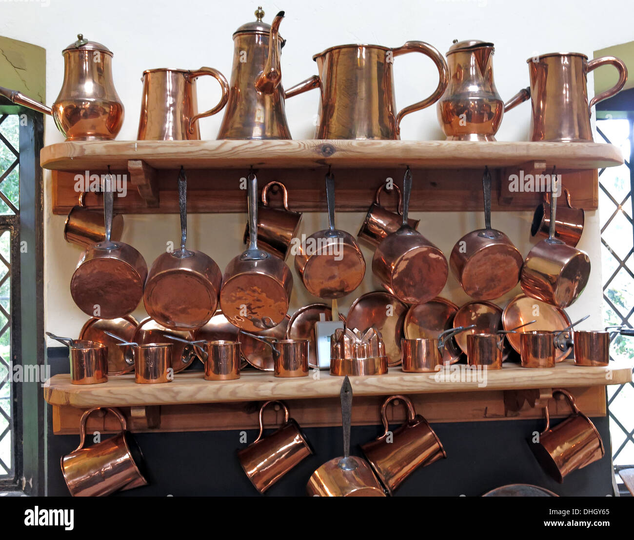Copper wear in the kitchens at Dunham Massey NT property Cheshire England UK Stock Photo