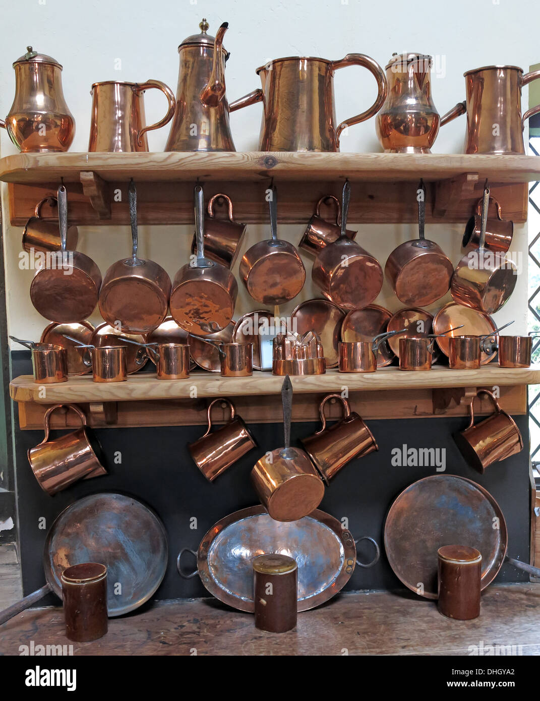 Copper wear in the kitchens at Dunham Massey NT property Cheshire England UK Stock Photo