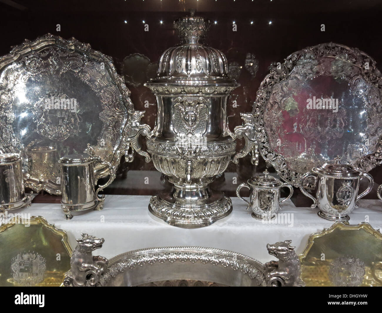 Silverware plate and trays at Dunham Massey house NT property, Altrincham, Greater Manchester, England, UK Stock Photo