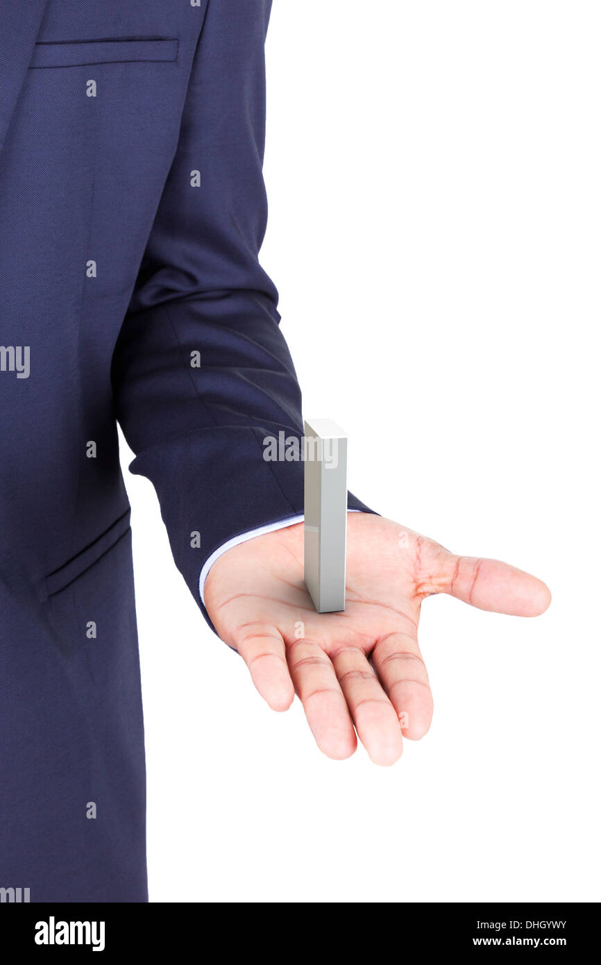 Business man holding a 3d letter in hand palm, isolated on white background Stock Photo