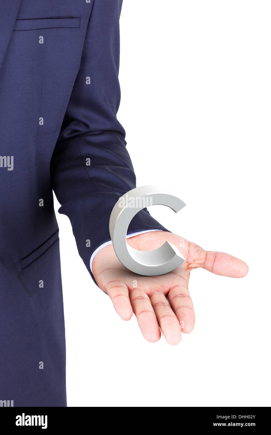Business man holding a 3d letter in hand palm, isolated on white background Stock Photo