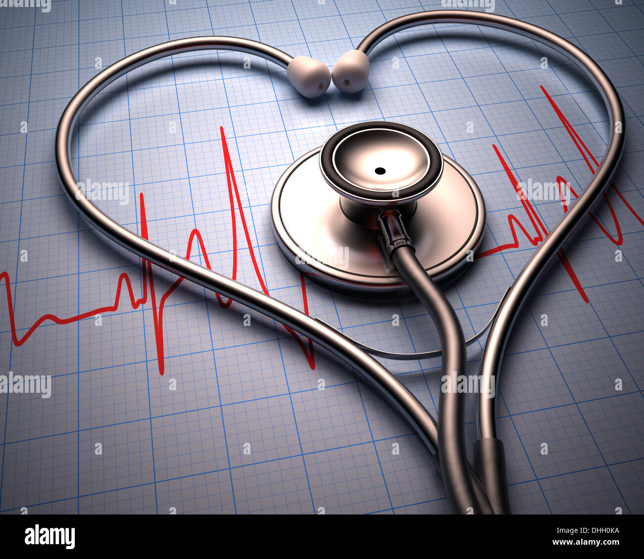 Stethoscope in shape of heart on a graph of the patient's heartbeat. Stock Photo