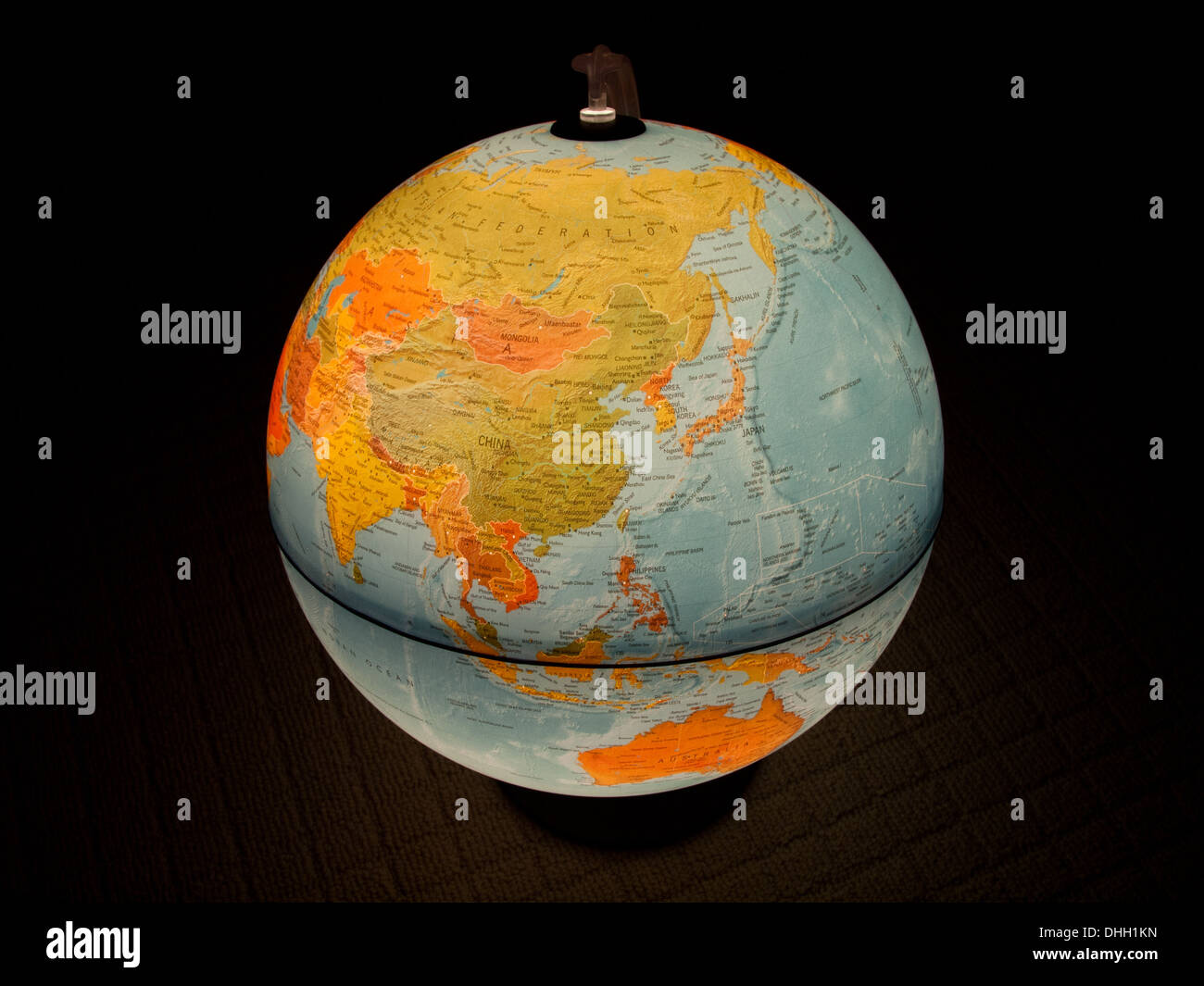A view of Asia and the Far East on a beautiful, illuminated globe. Stock Photo