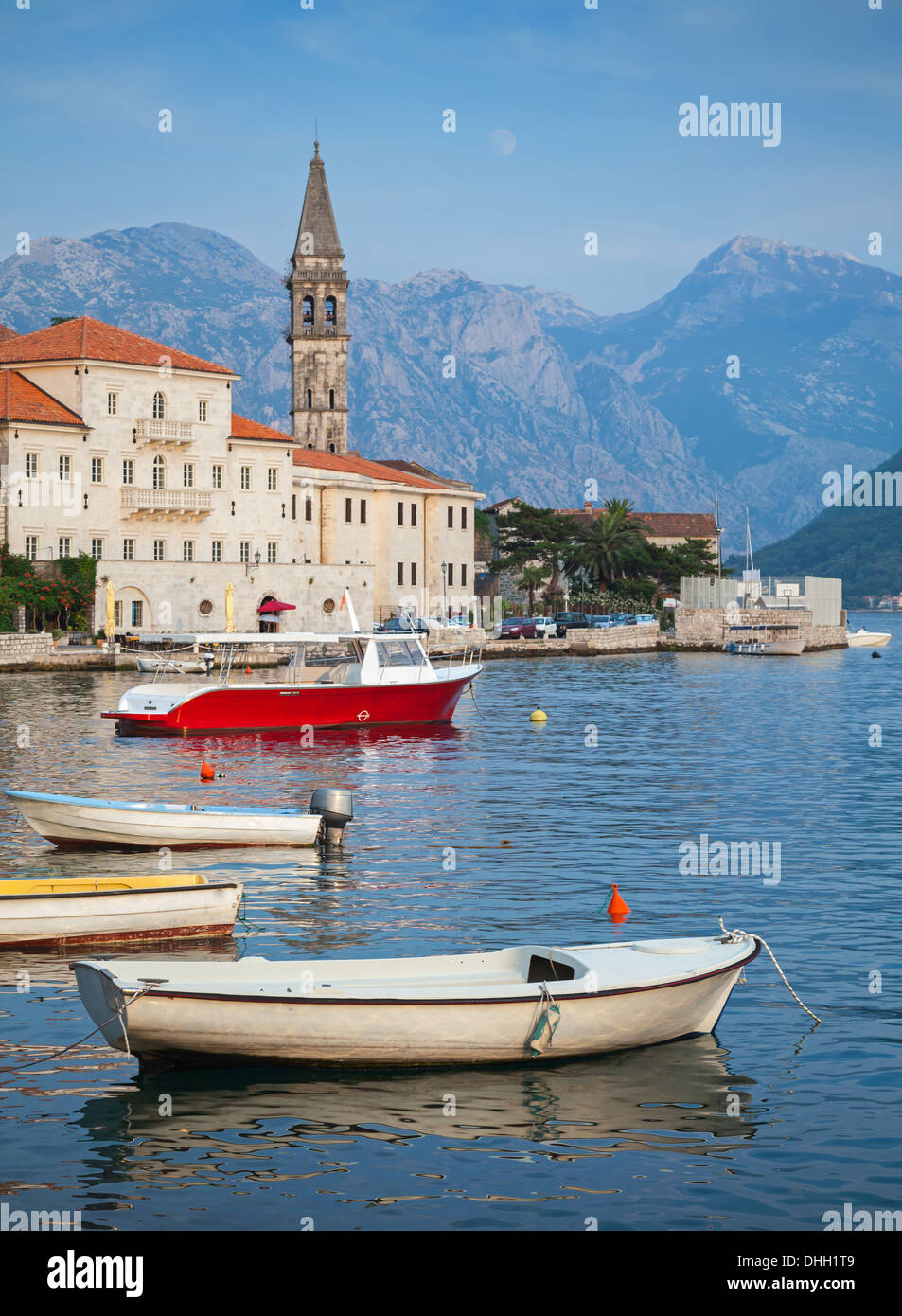 Landscape with boats. Old Perast town, Kotor bay, Montenegro Stock Photo