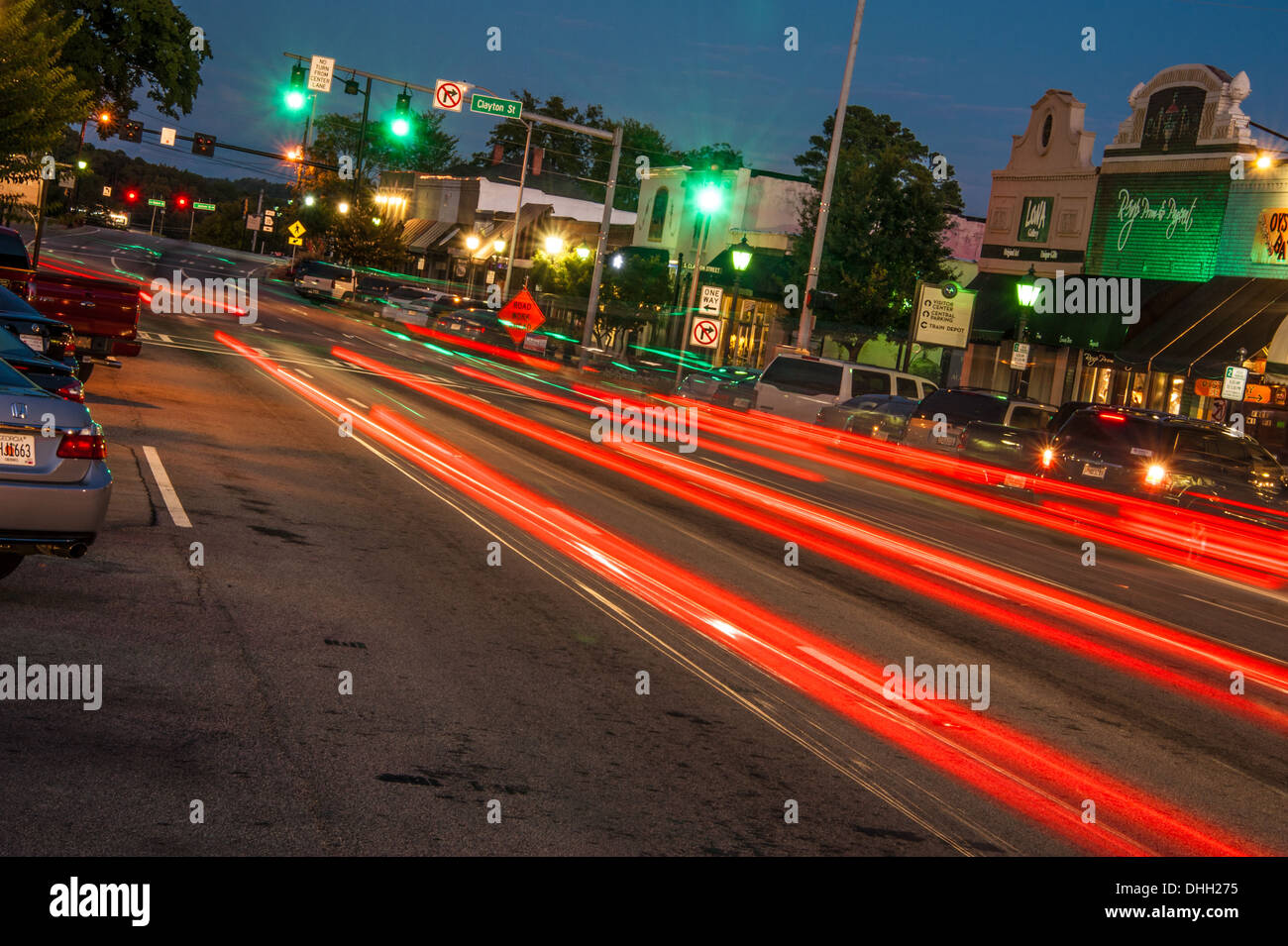 Taillights of early evening traffic at the town square in Lawrenceville, Georgia, on the outskirts of Atlanta. (USA) Stock Photo