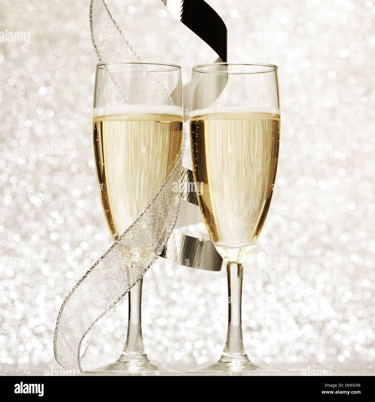 New year card with Champagne on shiny glitter background Stock Photo ...