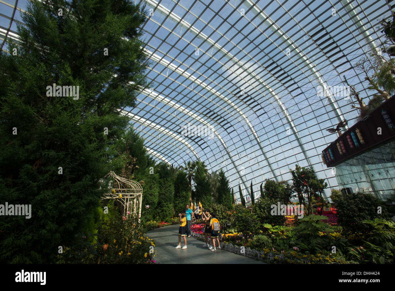 The Flower Dome at Gardens by the Bay is an artificially created realm of perpetual spring. Stock Photo