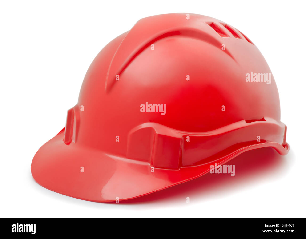 Red plastic hard hat isolated on white Stock Photo