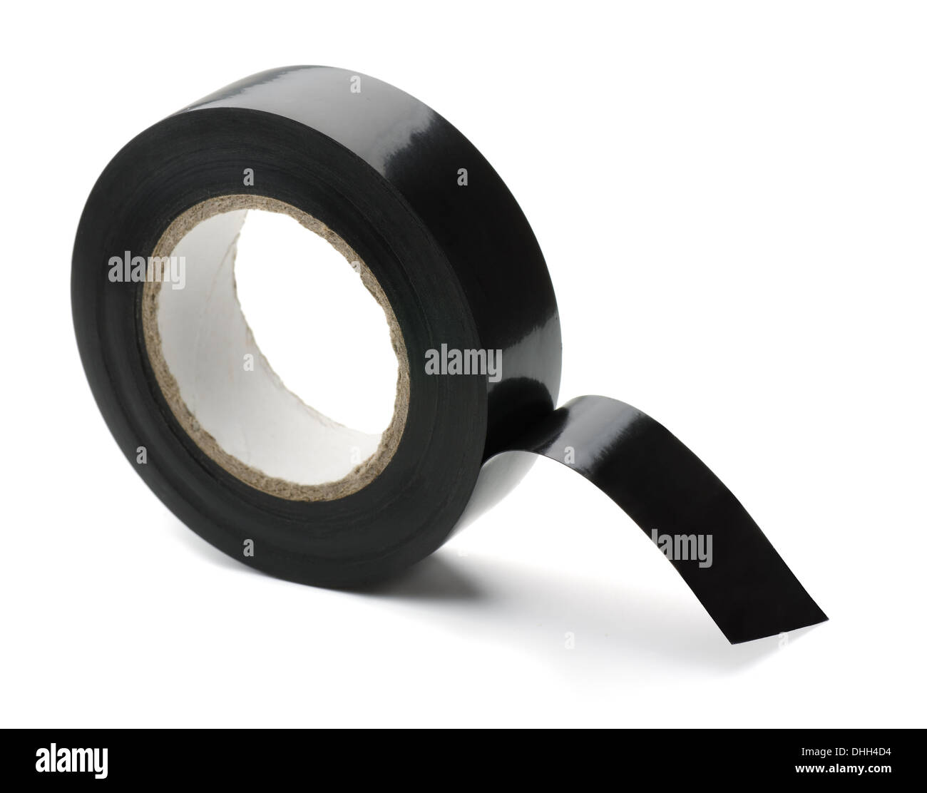Roll of black plastic adhesive tape isolated on white Stock Photo
