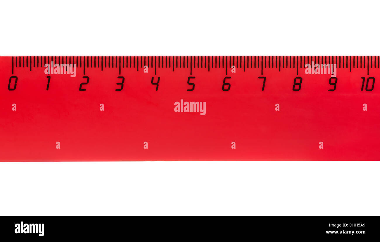Close up of red plastic ruler on white background Stock Photo