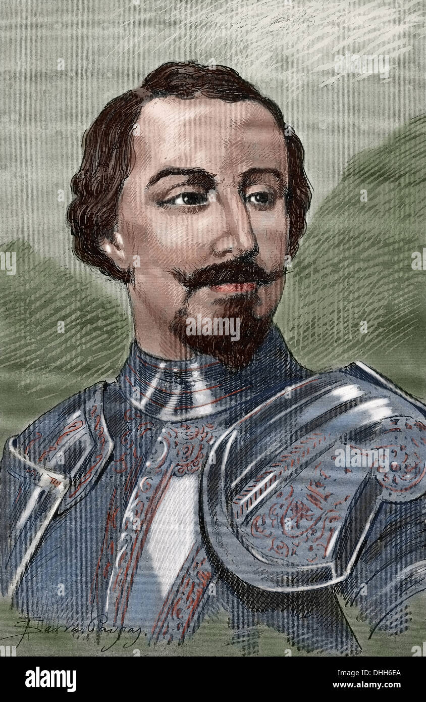 John of Austria (1547-1578). Illegitimate son of Holy Roman Emperor Charles V. Colored engraving. Stock Photo