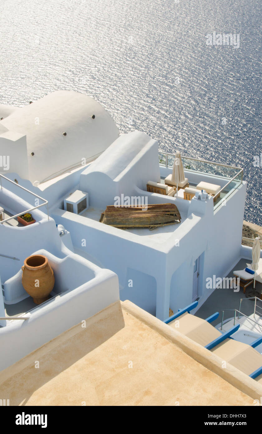 Santorini; Greece white buildings looking down on cliff; Fira; Greek ...