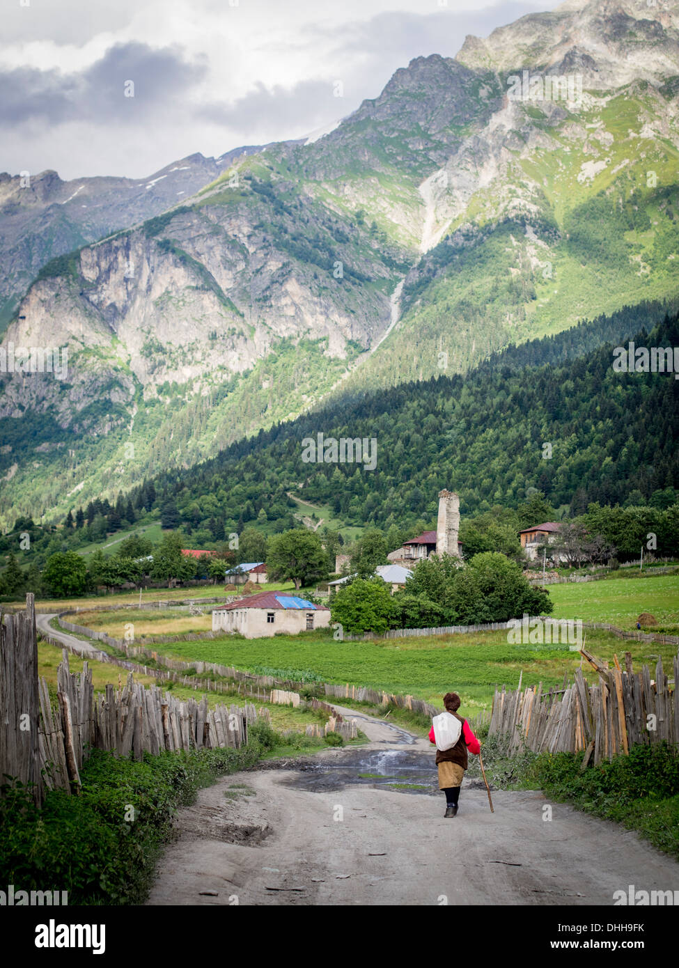 Adishi village in Upper Svaneti, Georgia, Caucasus. The region is known for its medieval defensive towers. Stock Photo