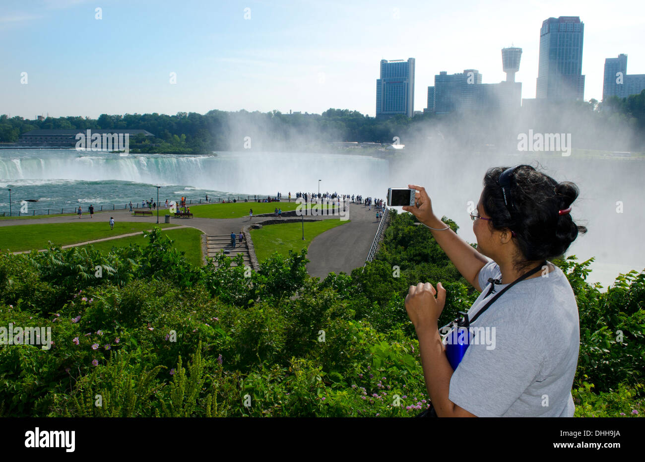 Niagara Falls New York and Canada falls Indian woman on New York side