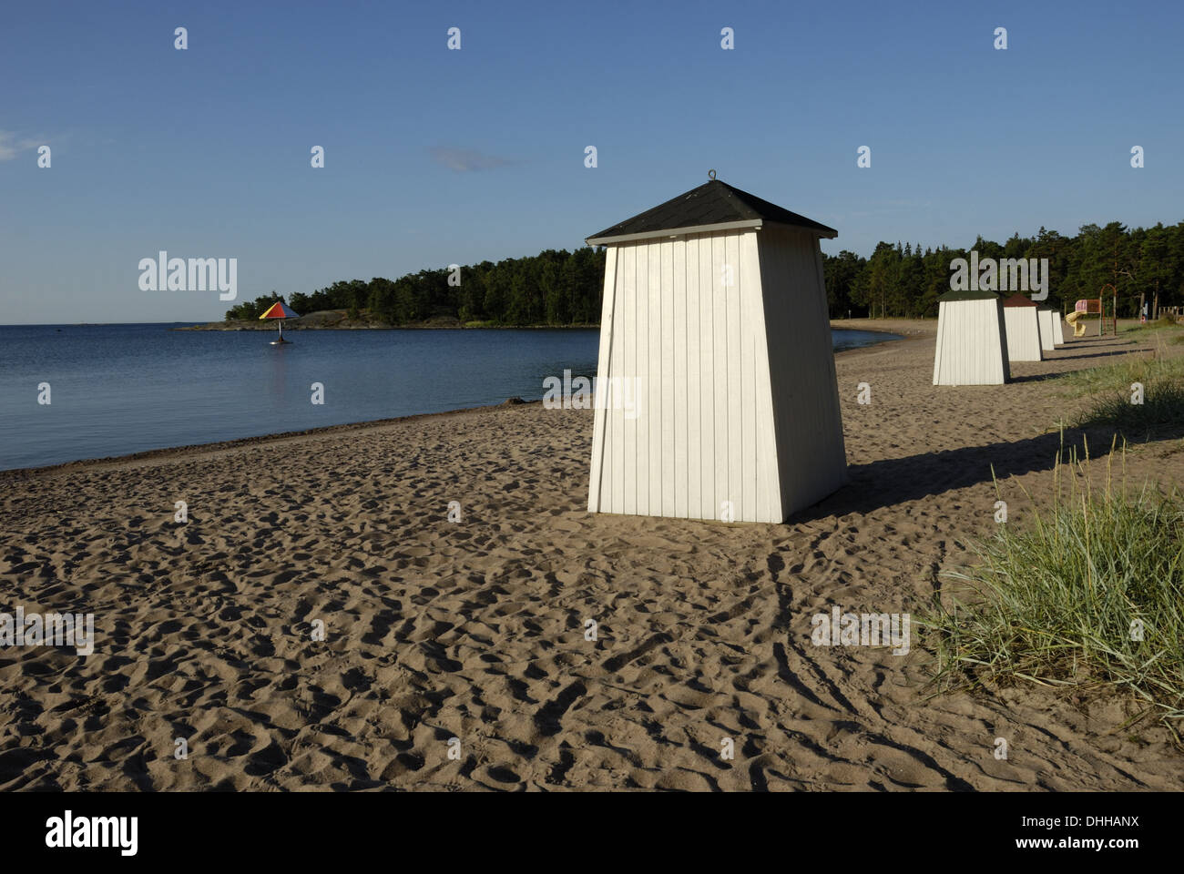 Changing Cabins on Plagen Beach in Hanko Stock Photo