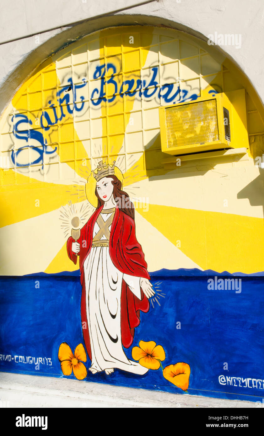 Santa Barbara California CA on famous State Street in Old Town with olf painted Santa Barbara murl on wall Stock Photo