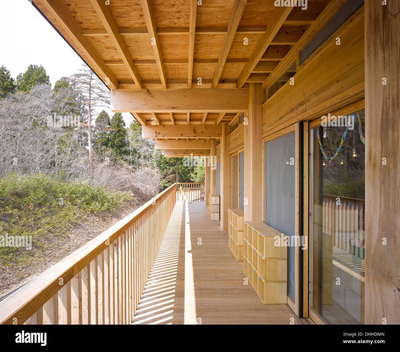 Asahi Kindergarten, Minamisanriku, Japan. Architect: Tezuka Architects, 2013. Exterior corridor. Stock Photo