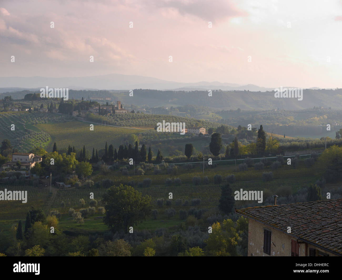 The View from the town of San Gimignano across the tuscan landscape. Tuscany Italy Stock Photo
