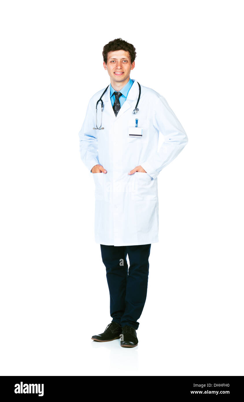 Full length portrait of the smiling doctor standing on a white background Stock Photo