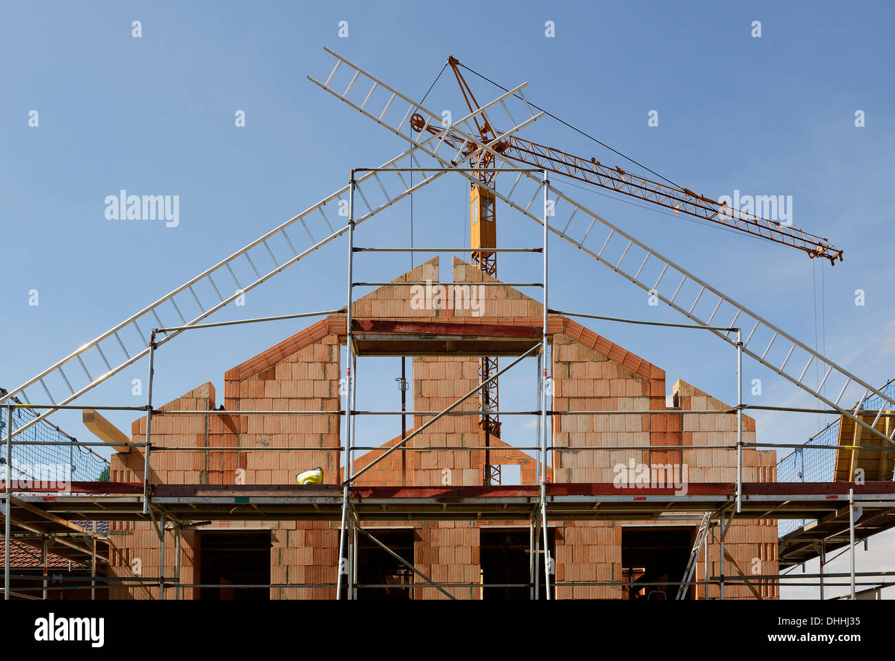 Construction site, bare brickwork of a single family house, Egling, Upper Bavaria, Bavaria, Germany Stock Photo