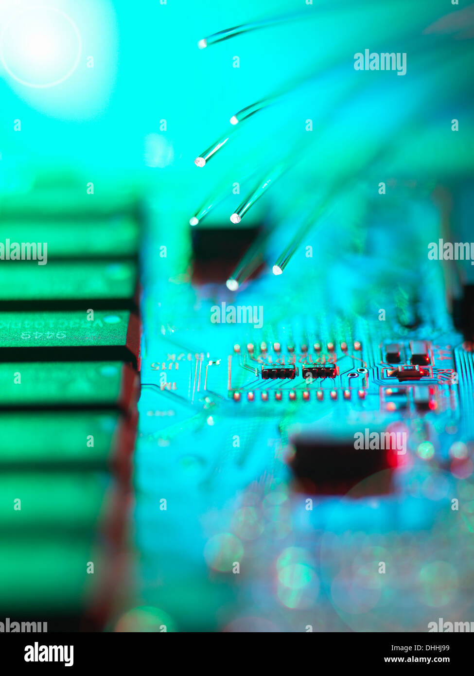 Fibre optics passing data to computer Stock Photo