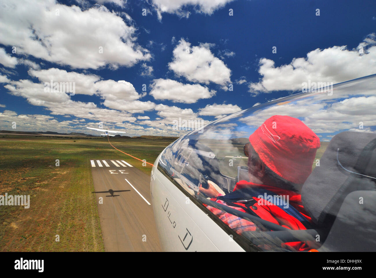 Glider being towed for launch, Karoo, Free State Province, South Africa Stock Photo