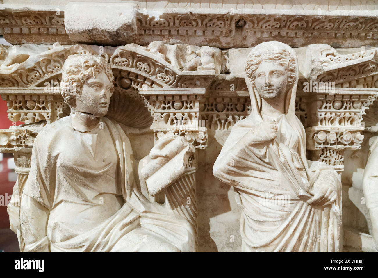 Archaeological Museum, marble frieze on the sarcophagus of Domitias Julianus and Domita Philiska from Perge, 2nd century AD Stock Photo