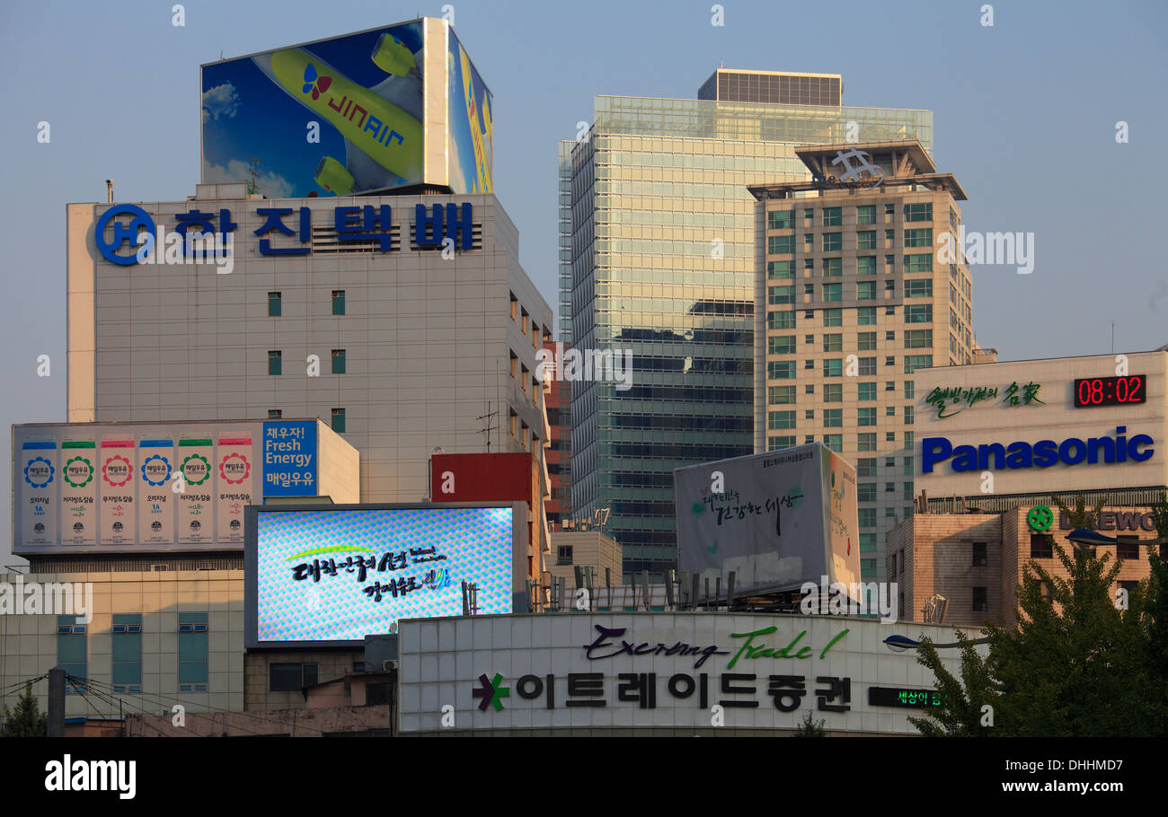 South Korea, Seoul, downtown buildings, signs in Korean script, Stock Photo
